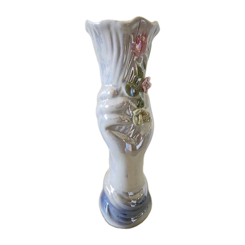 VTG Iridescent Lusterware Hand Vase 6.5" Applied Roses Pearlized Blue Glaze